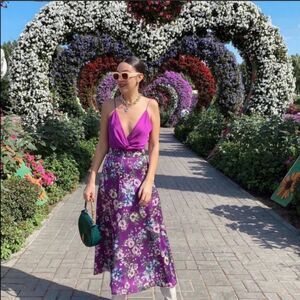 ZARA SATIN SILK FLORAL MIDI SKIRT PURPLE XS